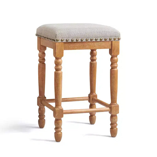 Sgabello senza schienale per bancone e bar, 26,6", in legno massello, rivestito in lino con finiture borchiate, struttura rustica in legno massello per cucina e bar (set da 2)