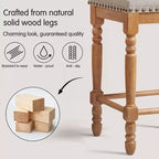 Sgabello senza schienale per bancone e bar, 26,6", in legno massello, rivestito in lino con finiture borchiate, struttura rustica in legno massello per cucina e bar (set da 2)