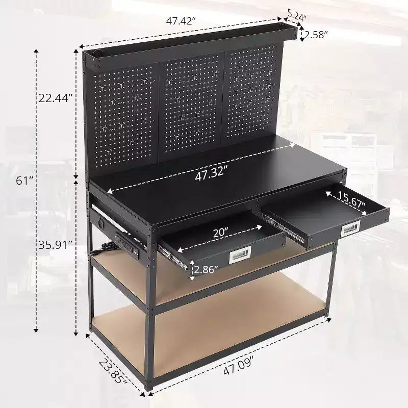 Banco da Lavoro Regolabile da 48", Tavolo da Lavoro Resistente a 3 Livelli con Prese Elettriche, Cassetto e Pannello Forato, Carico di 880 libbre, per Garage Ufficio Officina