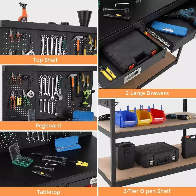 Banco da Lavoro Regolabile da 48", Tavolo da Lavoro Resistente a 3 Livelli con Prese Elettriche, Cassetto e Pannello Forato, Carico di 880 libbre, per Garage Ufficio Officina