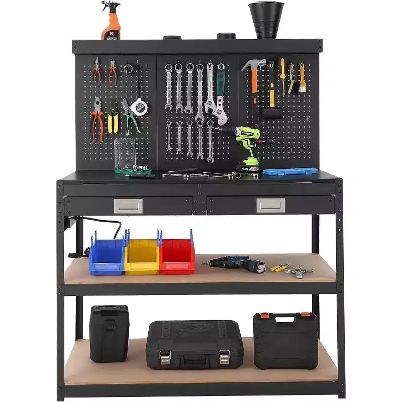 Banco da Lavoro Regolabile da 48", Tavolo da Lavoro Resistente a 3 Livelli con Prese Elettriche, Cassetto e Pannello Forato, Carico di 880 libbre, per Garage Ufficio Officina