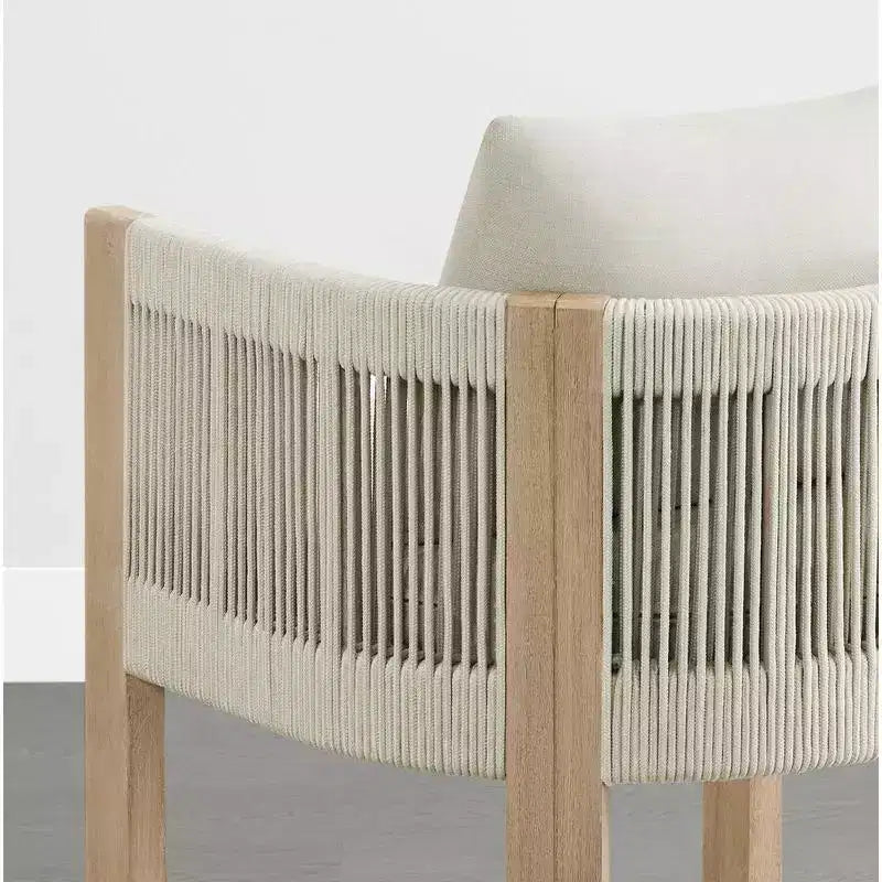 Sgabello da bar moderno imbottito in legno di acacia con schienale in corda intrecciata a mano per interni ed esterni, set da 2