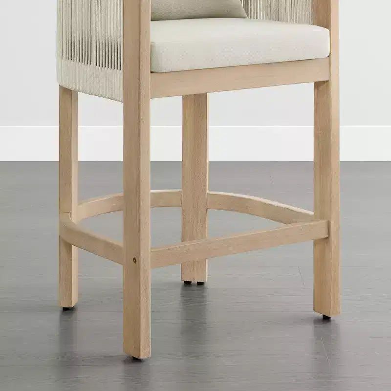 Sgabello da bar moderno imbottito in legno di acacia con schienale in corda intrecciata a mano per interni ed esterni, set da 2