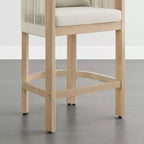 Sgabello da bar moderno imbottito in legno di acacia con schienale in corda intrecciata a mano per interni ed esterni, set da 2
