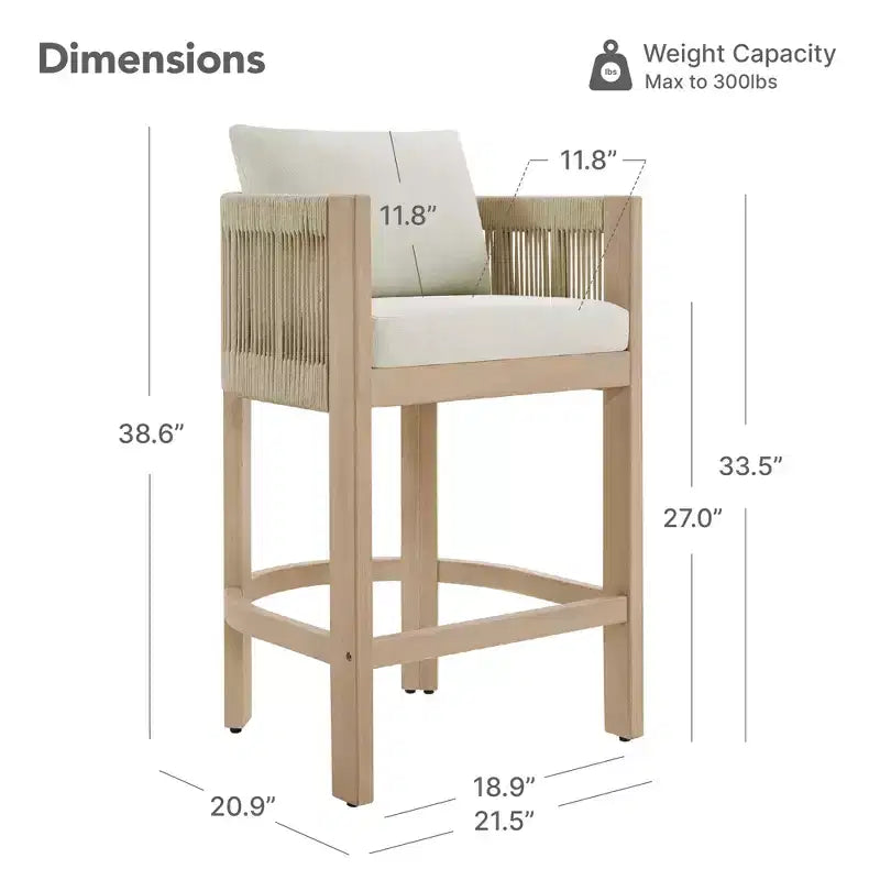 Sgabello da bar moderno imbottito in legno di acacia con schienale in corda intrecciata a mano per interni ed esterni, set da 2