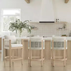 Sgabello da bar moderno imbottito in legno di acacia con schienale in corda intrecciata a mano per interni ed esterni, set da 2