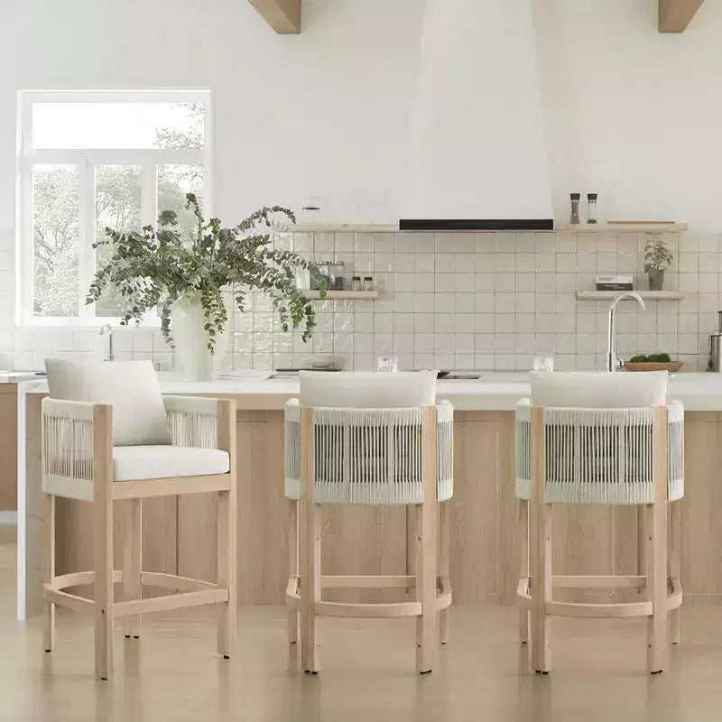 Sgabello da bar moderno imbottito in legno di acacia con schienale in corda intrecciata a mano per interni ed esterni, set da 2