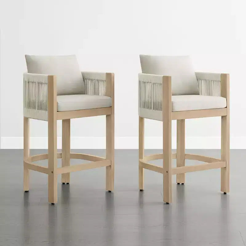Sgabello da bar moderno imbottito in legno di acacia con schienale in corda intrecciata a mano per interni ed esterni, set da 2