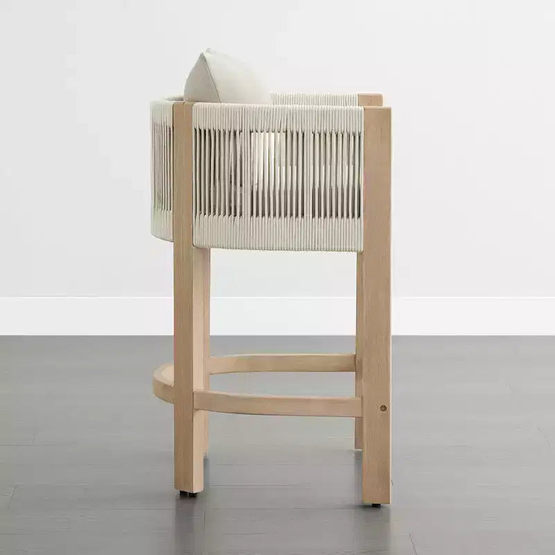 Sgabello da bar moderno imbottito in legno di acacia con schienale in corda intrecciata a mano per interni ed esterni, set da 2