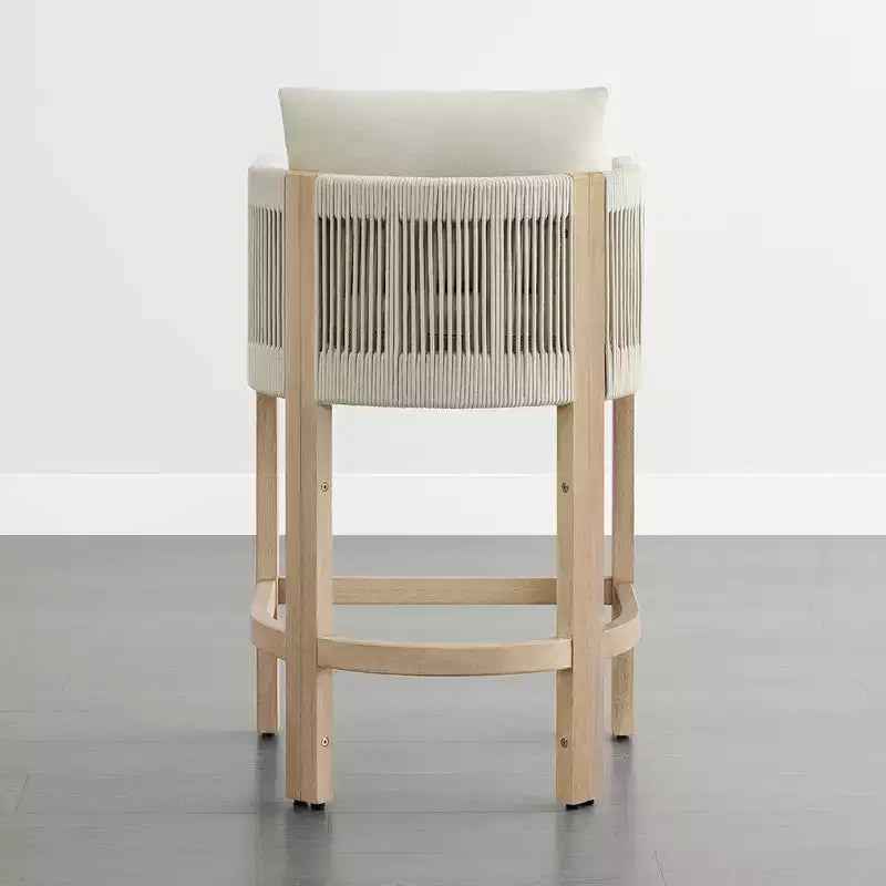 Sgabello da bar moderno imbottito in legno di acacia con schienale in corda intrecciata a mano per interni ed esterni, set da 2