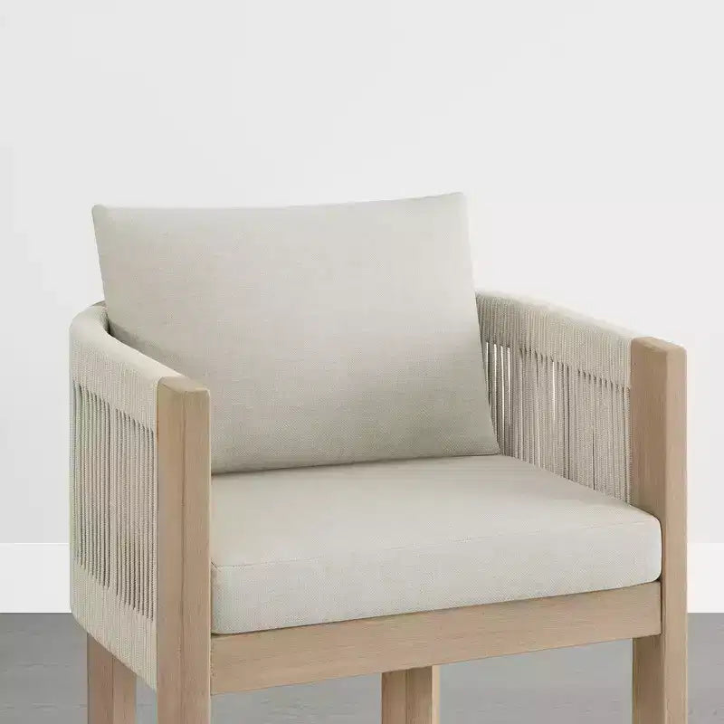 Sgabello da bar moderno imbottito in legno di acacia con schienale in corda intrecciata a mano per interni ed esterni, set da 2