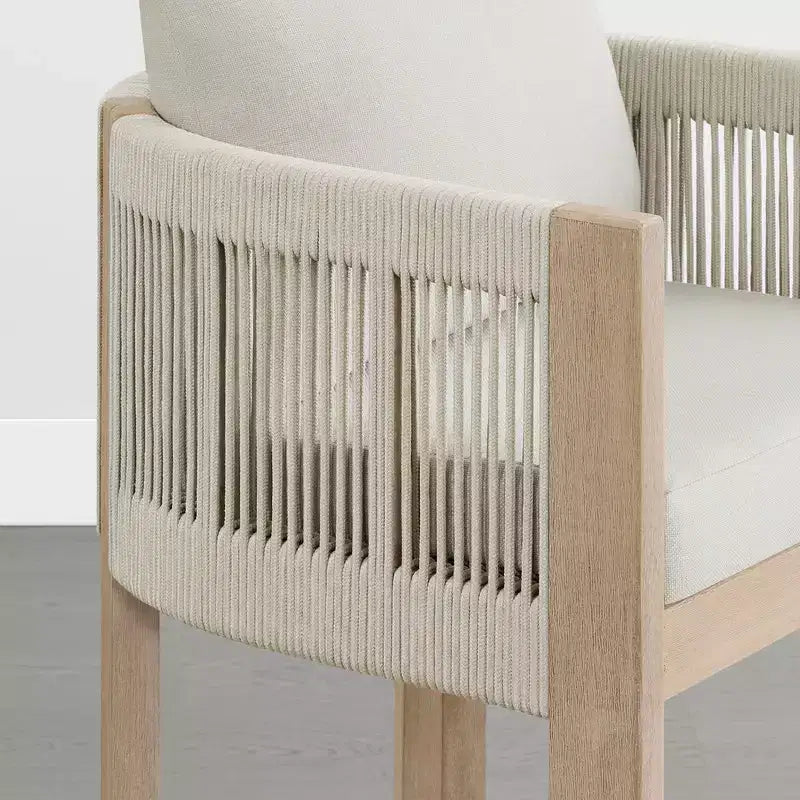 Sgabello da bar moderno imbottito in legno di acacia con schienale in corda intrecciata a mano per interni ed esterni, set da 2