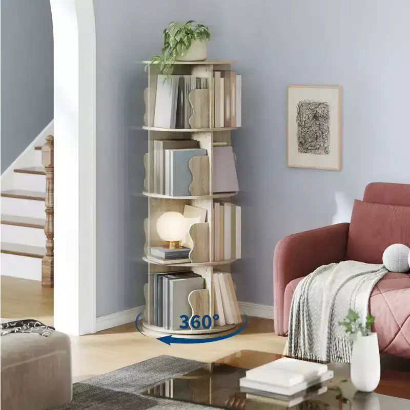 Scaffale Girevole, Libreria a 4 Ripiani a Colonna con Vano Portaoggetti, Scaffale Girevole Piccolo da 50 cm per Camera da Letto e Soggiorno con Spazio Ridotto
