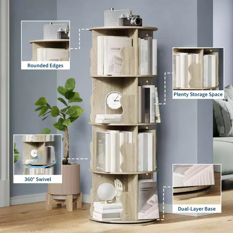Scaffale Girevole, Libreria a 4 Ripiani a Colonna con Vano Portaoggetti, Scaffale Girevole Piccolo da 50 cm per Camera da Letto e Soggiorno con Spazio Ridotto