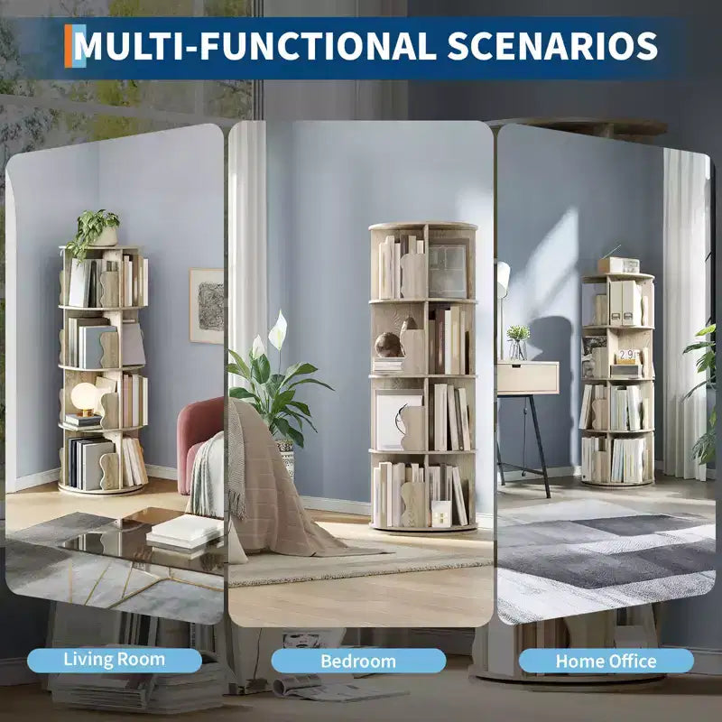 Scaffale Girevole, Libreria a 4 Ripiani a Colonna con Vano Portaoggetti, Scaffale Girevole Piccolo da 50 cm per Camera da Letto e Soggiorno con Spazio Ridotto