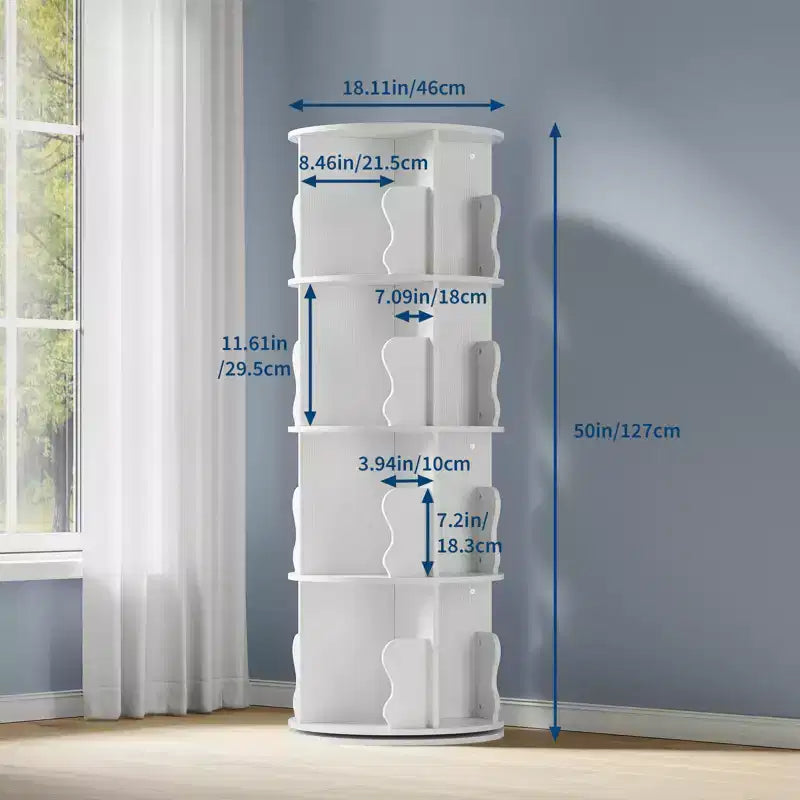 Scaffale Girevole, Libreria a 4 Ripiani a Colonna con Vano Portaoggetti, Scaffale Girevole Piccolo da 50 cm per Camera da Letto e Soggiorno con Spazio Ridotto