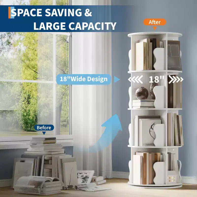 Scaffale Girevole, Libreria a 4 Ripiani a Colonna con Vano Portaoggetti, Scaffale Girevole Piccolo da 50 cm per Camera da Letto e Soggiorno con Spazio Ridotto