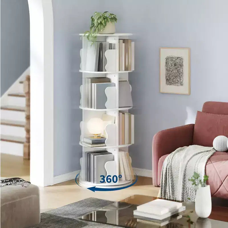 Scaffale Girevole, Libreria a 4 Ripiani a Colonna con Vano Portaoggetti, Scaffale Girevole Piccolo da 50 cm per Camera da Letto e Soggiorno con Spazio Ridotto