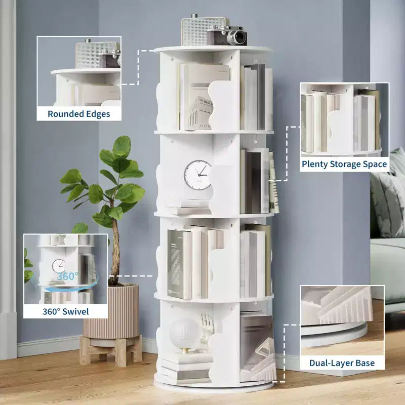 Scaffale Girevole, Libreria a 4 Ripiani a Colonna con Vano Portaoggetti, Scaffale Girevole Piccolo da 50 cm per Camera da Letto e Soggiorno con Spazio Ridotto