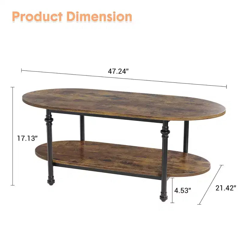 Tavolino da caffè industriale, ovale da 120 cm a 2 livelli con struttura in metallo e ripiano a giorno, design moderno stile rustico per soggiorno