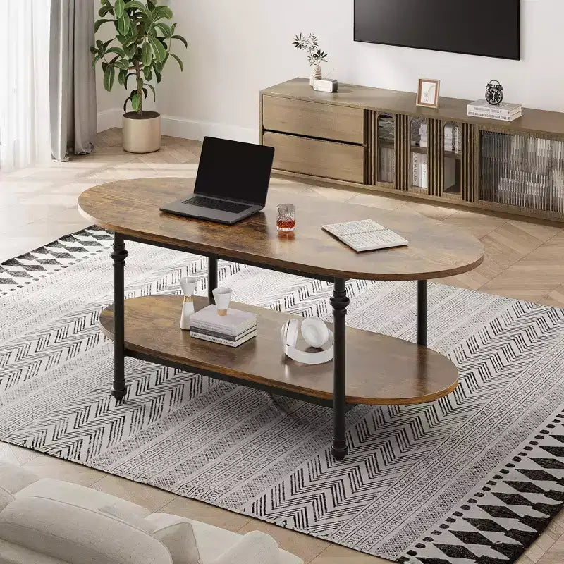 Tavolino da caffè industriale, ovale da 120 cm a 2 livelli con struttura in metallo e ripiano a giorno, design moderno stile rustico per soggiorno