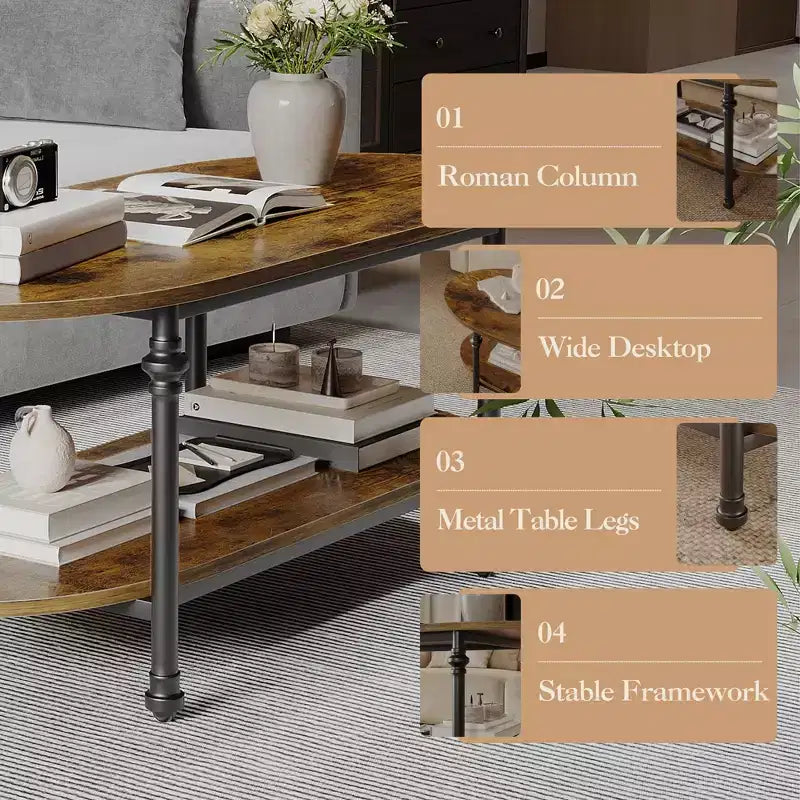 Tavolino da caffè industriale, ovale da 120 cm a 2 livelli con struttura in metallo e ripiano a giorno, design moderno stile rustico per soggiorno