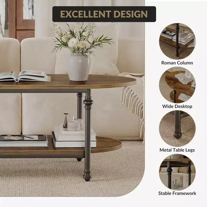 Tavolino da caffè industriale, ovale da 120 cm a 2 livelli con struttura in metallo e ripiano a giorno, design moderno stile rustico per soggiorno