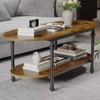 Tavolino da caffè industriale, ovale da 120 cm a 2 livelli con struttura in metallo e ripiano a giorno, design moderno stile rustico per soggiorno