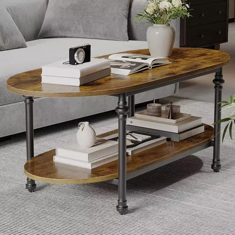 Tavolino da caffè industriale, ovale da 120 cm a 2 livelli con struttura in metallo e ripiano a giorno, design moderno stile rustico per soggiorno