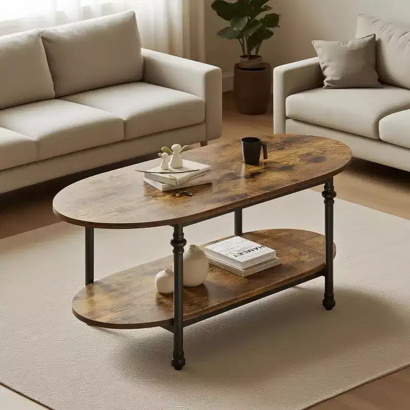 Tavolino da caffè industriale, ovale da 120 cm a 2 livelli con struttura in metallo e ripiano a giorno, design moderno stile rustico per soggiorno