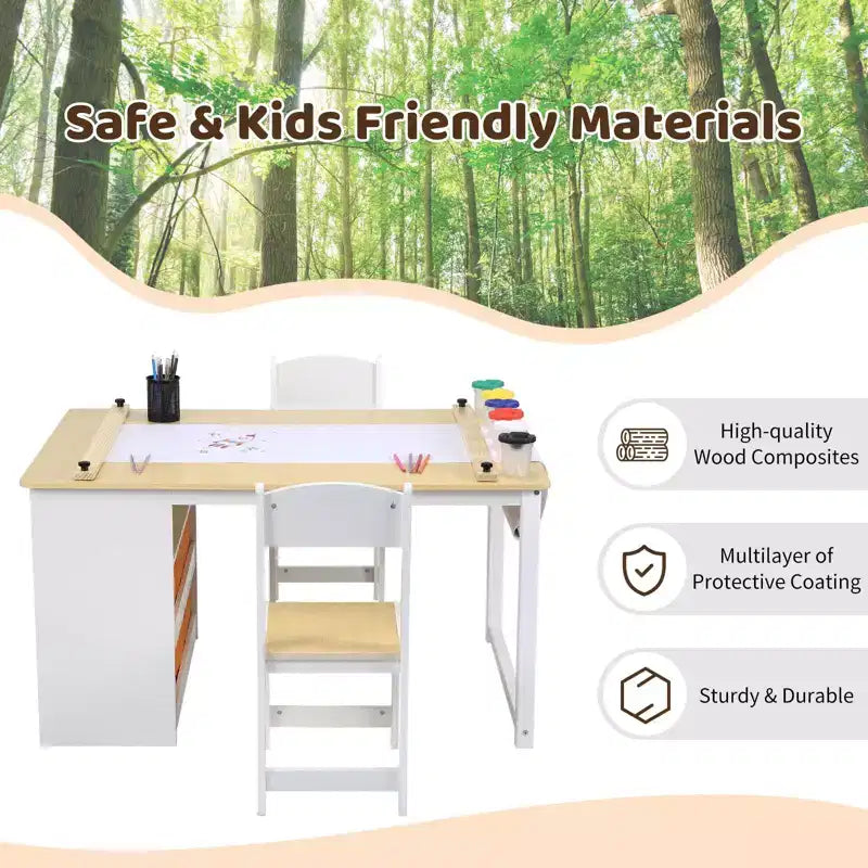 Set Tavolo e Sedie per Bambini 4 in 1, Scrivania da Lavoro per Bambini con Ampio Contenitore e Organizer Portatile per Materiali Artistici, Tavolo per Attività e Studio per Bambini