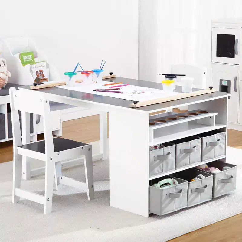 Set Tavolo e Sedie per Bambini 4 in 1, Scrivania da Lavoro per Bambini con Ampio Contenitore e Organizer Portatile per Materiali Artistici, Tavolo per Attività e Studio per Bambini