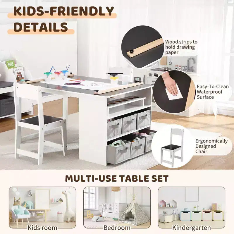 Set Tavolo e Sedie per Bambini 4 in 1, Scrivania da Lavoro per Bambini con Ampio Contenitore e Organizer Portatile per Materiali Artistici, Tavolo per Attività e Studio per Bambini