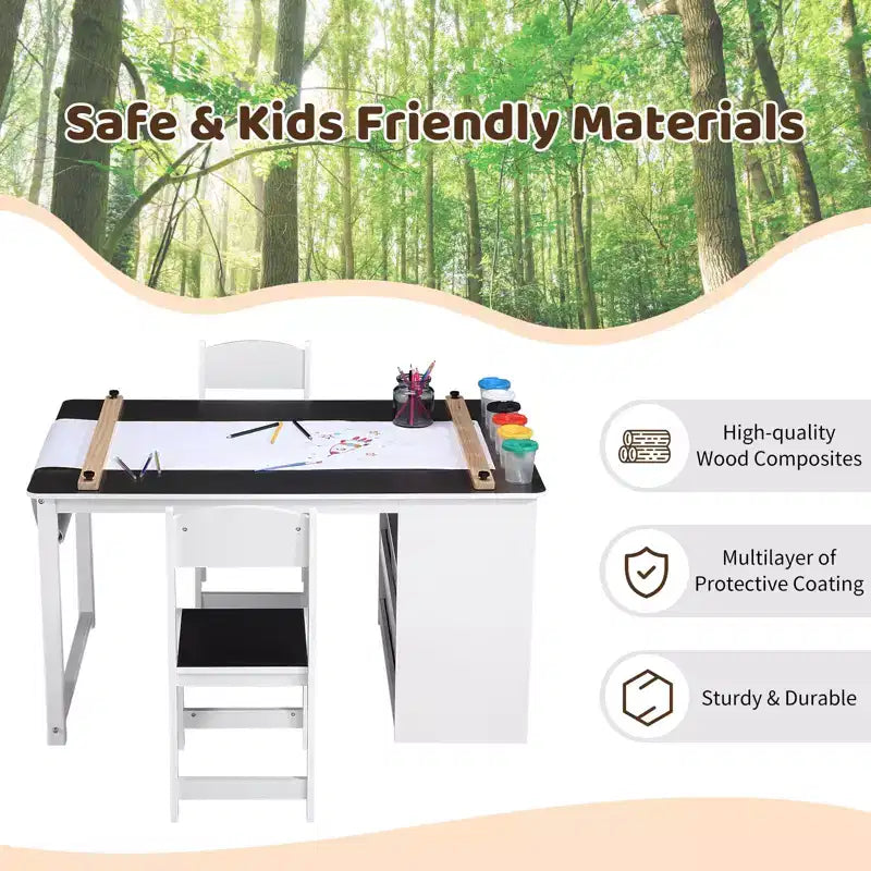 Set Tavolo e Sedie per Bambini 4 in 1, Scrivania da Lavoro per Bambini con Ampio Contenitore e Organizer Portatile per Materiali Artistici, Tavolo per Attività e Studio per Bambini