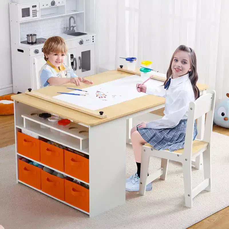 Set Tavolo e Sedie per Bambini 4 in 1, Scrivania da Lavoro per Bambini con Ampio Contenitore e Organizer Portatile per Materiali Artistici, Tavolo per Attività e Studio per Bambini
