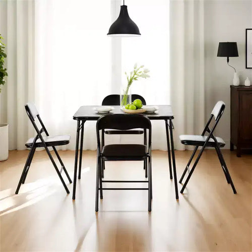 FurnitureR 5-Piece Folding Table and Chair Set  Portable Square Table with 4 Padded Chairs, Space-Saving Dining or Card Game Set for Home, Black