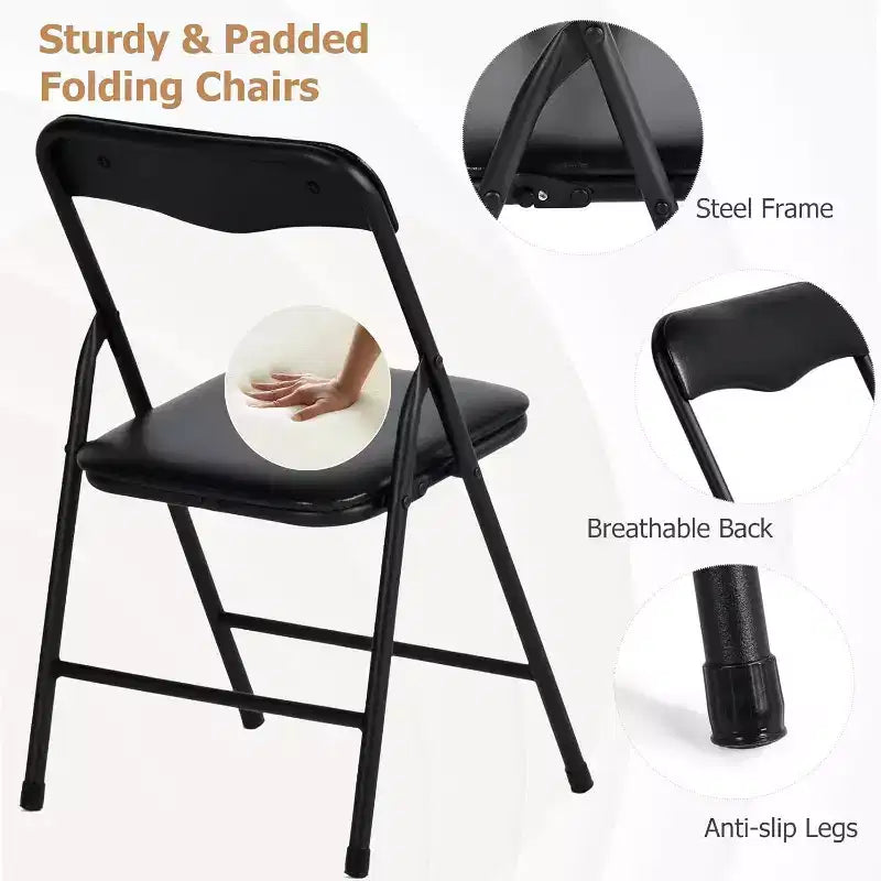 Set da 5 Pezzi Tavolo Pieghevole e Sedie, Tavolo Quadrato Portatile con 4 Sedie Imbottite, Set Salvaspazio per Sala da Pranzo o Gioco di Carte per Casa, Nero