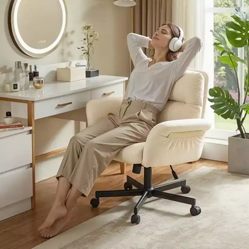 Sedia incrociata con braccioli e ruote, Sedia ergonomica da ufficio con gambe incrociate, Sedia da scrivania per ufficio e postazione trucco