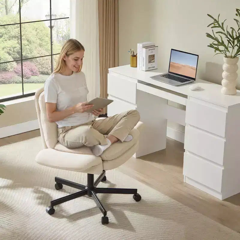 Sedia incrociata con braccioli e ruote, Sedia ergonomica da ufficio con gambe incrociate, Sedia da scrivania per ufficio e postazione trucco