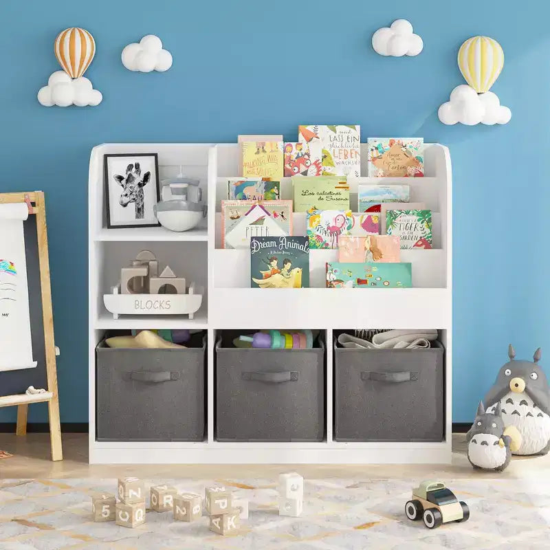 Libreria e scaffale per bambini, libreria multifunzionale con 3 cassetti pieghevoli in tessuto, espositore, ripiano portaoggetti (bianco/grigio)
