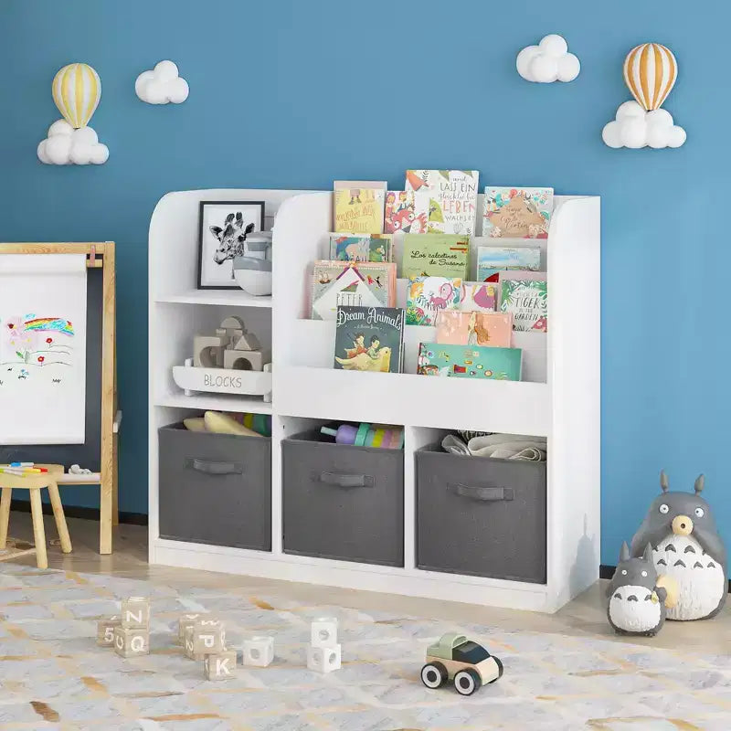 Libreria e scaffale per bambini, libreria multifunzionale con 3 cassetti pieghevoli in tessuto, espositore, ripiano portaoggetti (bianco/grigio)