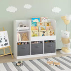 Libreria e scaffale per bambini, libreria multifunzionale con 3 cassetti pieghevoli in tessuto, espositore, ripiano portaoggetti (bianco/grigio)