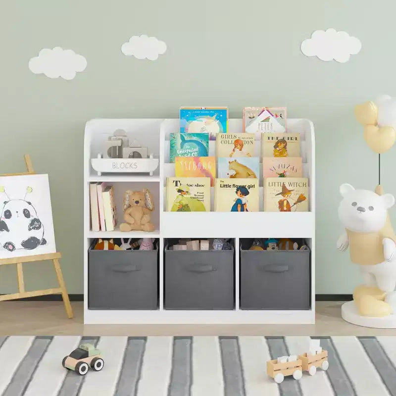 Libreria e scaffale per bambini, libreria multifunzionale con 3 cassetti pieghevoli in tessuto, espositore, ripiano portaoggetti (bianco/grigio)