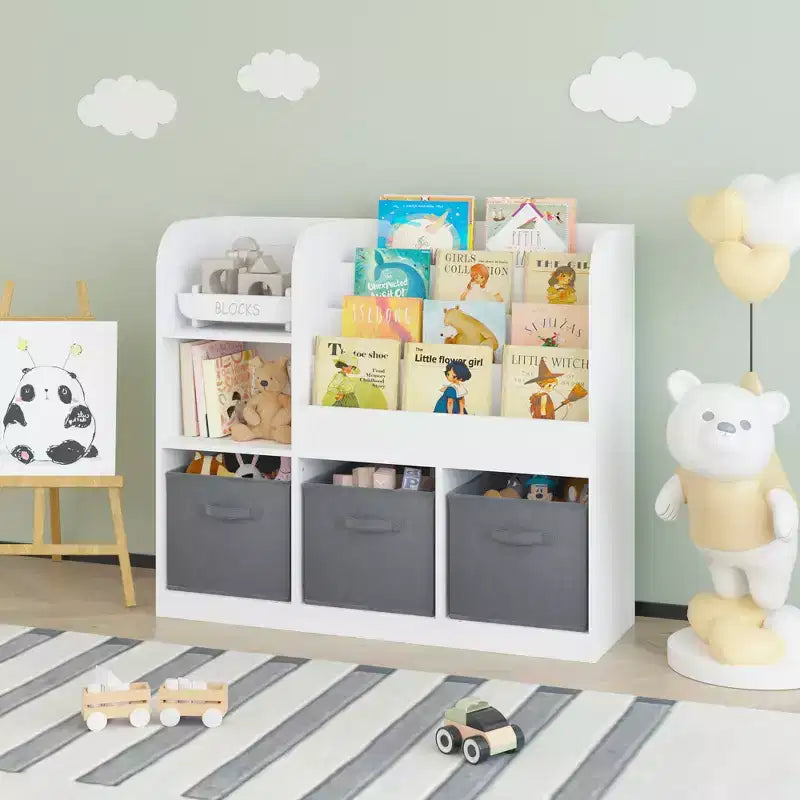 Libreria e scaffale per bambini, libreria multifunzionale con 3 cassetti pieghevoli in tessuto, espositore, ripiano portaoggetti (bianco/grigio)