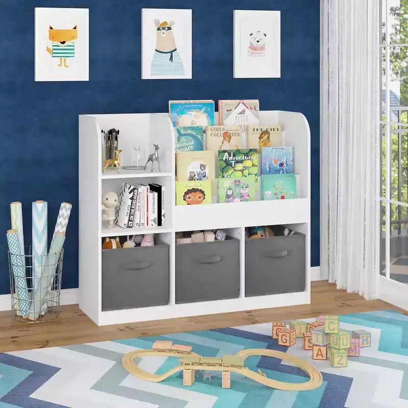 Libreria e scaffale per bambini, libreria multifunzionale con 3 cassetti pieghevoli in tessuto, espositore, ripiano portaoggetti (bianco/grigio)