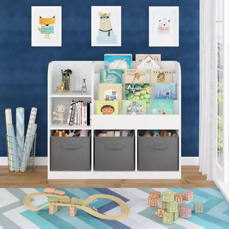 Libreria e scaffale per bambini, libreria multifunzionale con 3 cassetti pieghevoli in tessuto, espositore, ripiano portaoggetti (bianco/grigio)