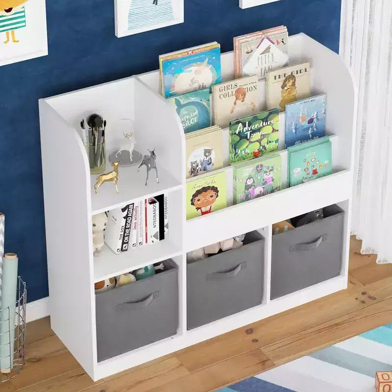 Libreria e scaffale per bambini, libreria multifunzionale con 3 cassetti pieghevoli in tessuto, espositore, ripiano portaoggetti (bianco/grigio)