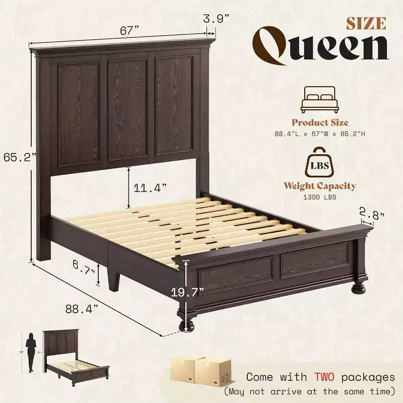 Struttura letto a piattaforma, legno massello con testiera da 65,2", doghe robuste, nessun boxspring richiesto, facile da montare