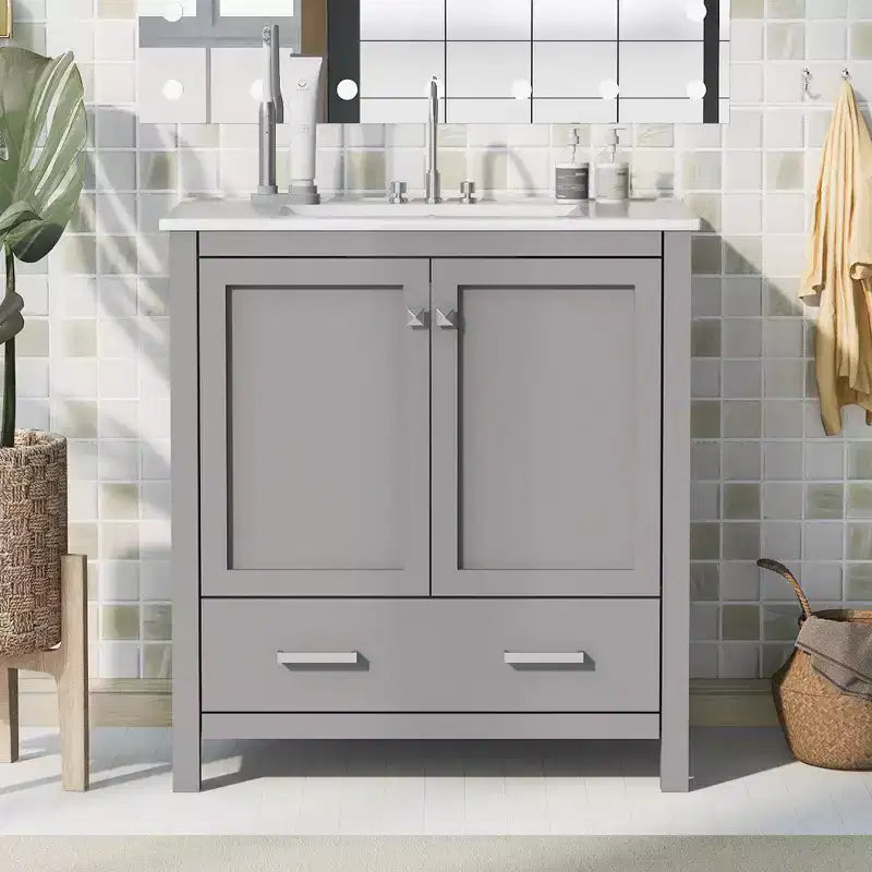 Mobile lavabo da bagno da 76 cm con lavello singolo, mobiletto combinato con lavello sottopiano, mobiletto da bagno con 2 ante e un cassetto, chiusura ammortizzata