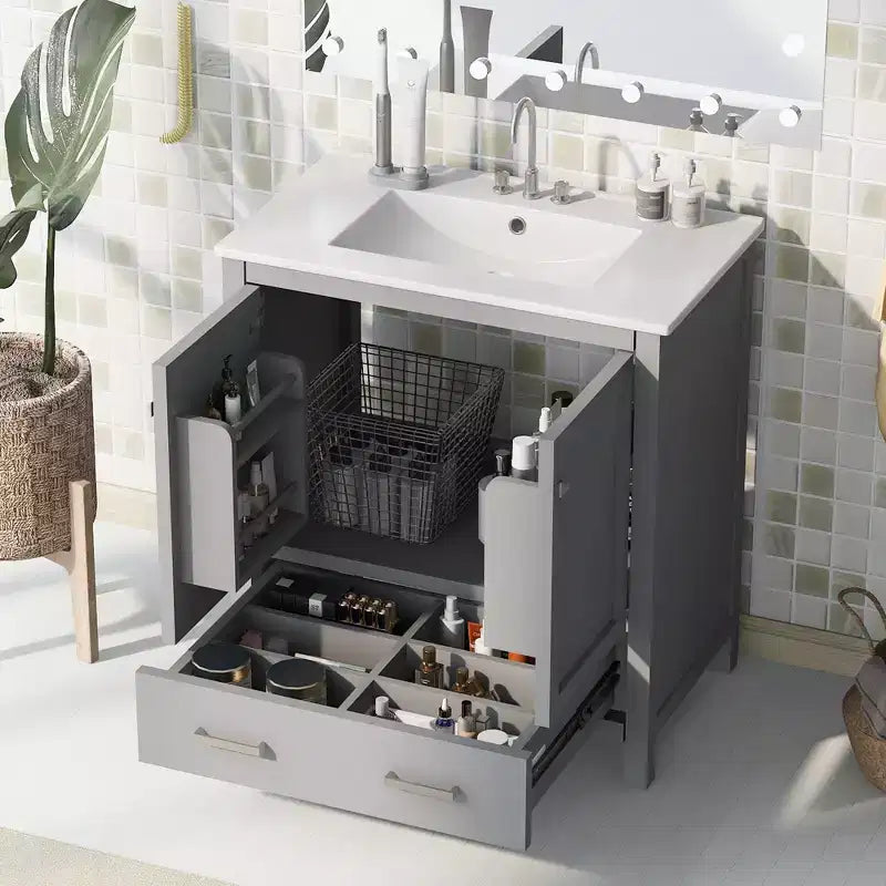 Mobile lavabo da bagno da 76 cm con lavello singolo, mobiletto combinato con lavello sottopiano, mobiletto da bagno con 2 ante e un cassetto, chiusura ammortizzata